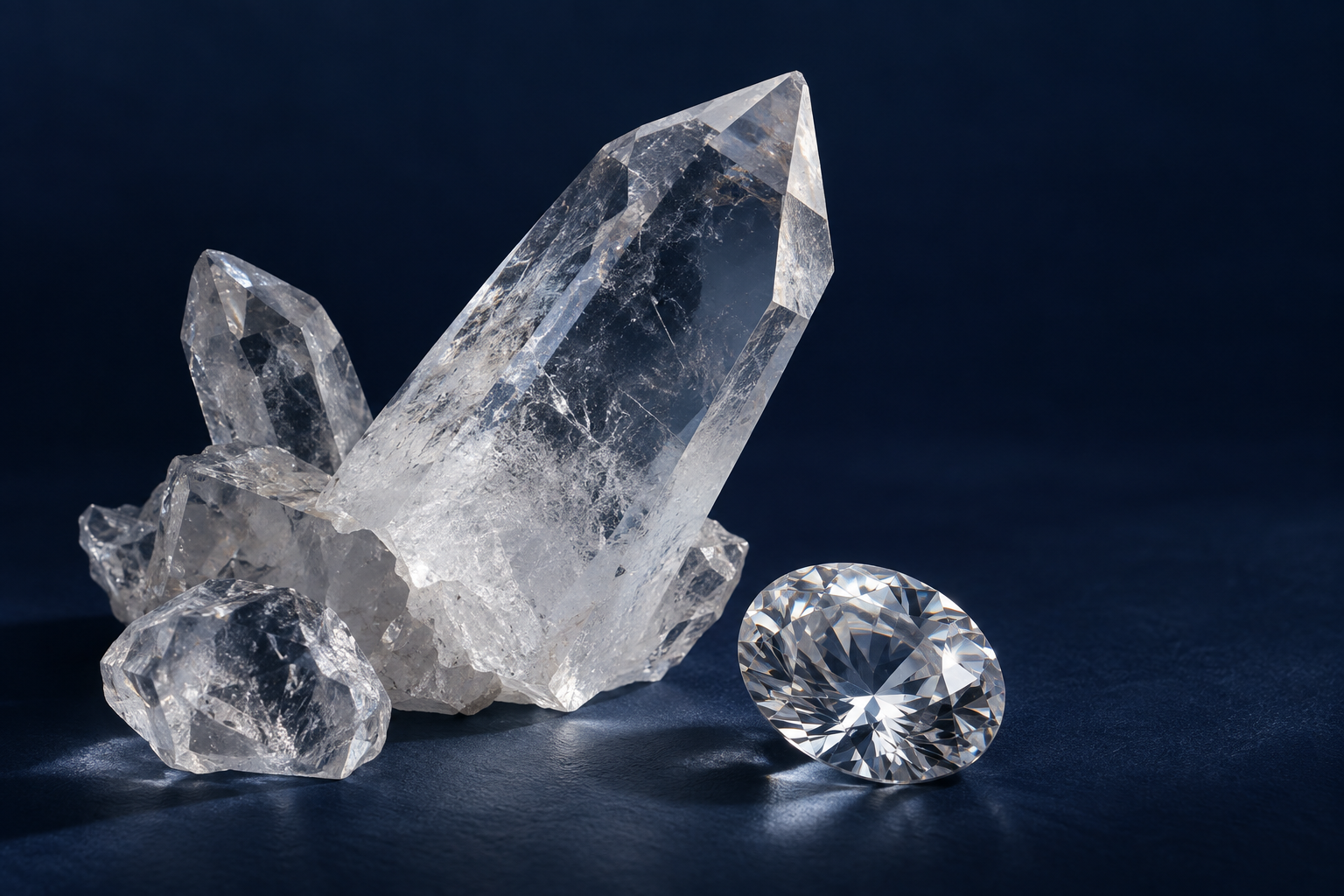 Crystal and faceted gemstone in silver-blue light